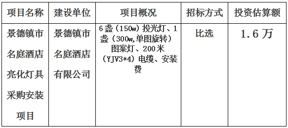 景德鎮(zhèn)市名庭酒店亮化燈具采購安裝項目計劃公告