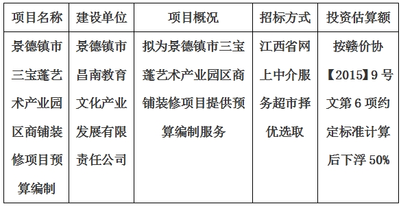 景德鎮市三寶蓬藝術產業園區商鋪裝修項目預算編制計劃公告