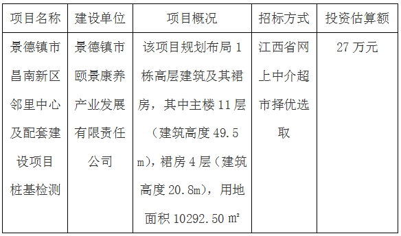 景德鎮(zhèn)市昌南新區(qū)鄰里中心及配套建設(shè)項目樁基檢測招標計劃公告