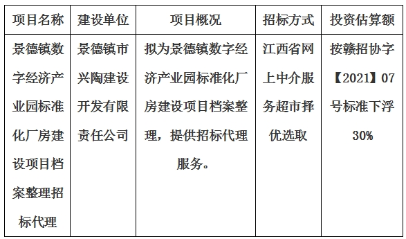 景德鎮數字經濟產業園標準化廠房建設項目檔案整理招標代理計劃公告