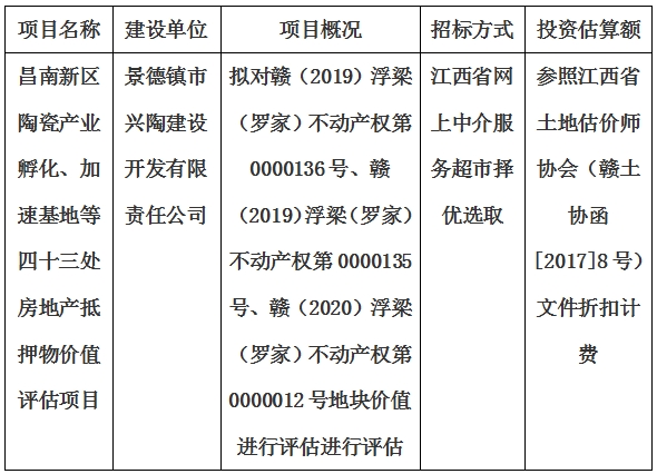 昌南新區陶瓷產業孵化、加速基地等四十三處房地產抵押物價值評估單位選取計劃公告