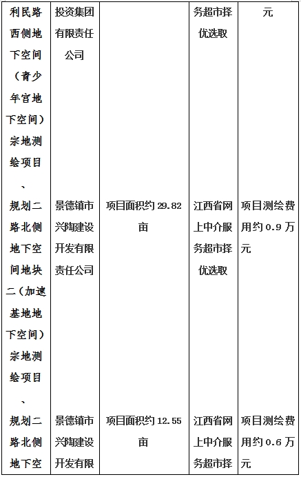 景德鎮市昌南新區LJ1-03-A01-1地塊、瓷都大道東側中渡口地下空間（格蘭云天大酒店地下空間）、光明大道北側利民路西側地下空間（青少年宮地下空間）、規劃二路北側地下空間地塊二（加速基地地下空間）、規劃二路北側地下空間地塊一（加速基地地下空間）、景德大道南側天寶橋西側地塊、景興大道東側如意路北側地下空間(社會公共服務