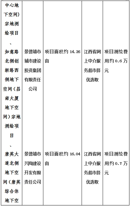 景德鎮市昌南新區LJ1-03-A01-1地塊、瓷都大道東側中渡口地下空間（格蘭云天大酒店地下空間）、光明大道北側利民路西側地下空間（青少年宮地下空間）、規劃二路北側地下空間地塊二（加速基地地下空間）、規劃二路北側地下空間地塊一（加速基地地下空間）、景德大道南側天寶橋西側地塊、景興大道東側如意路北側地下空間(社會公共服務