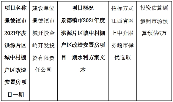 景德鎮市2021年度洪源片區城中村棚戶區改造安置房項目一期水利方案文本計劃公告