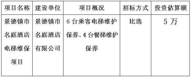 景德鎮(zhèn)市名庭酒店電梯維保項(xiàng)目計(jì)劃公告