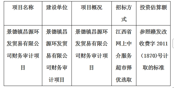 景德鎮昌源環發貿易有限公司財務審計項目財務審計項目計劃公告